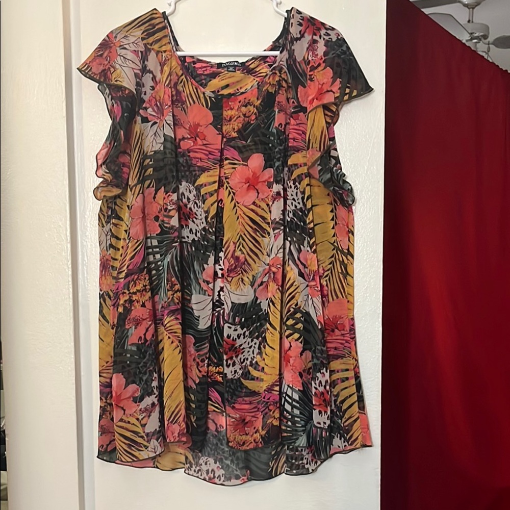 Roz & Ali Pink and Orange Ruffled Blouse